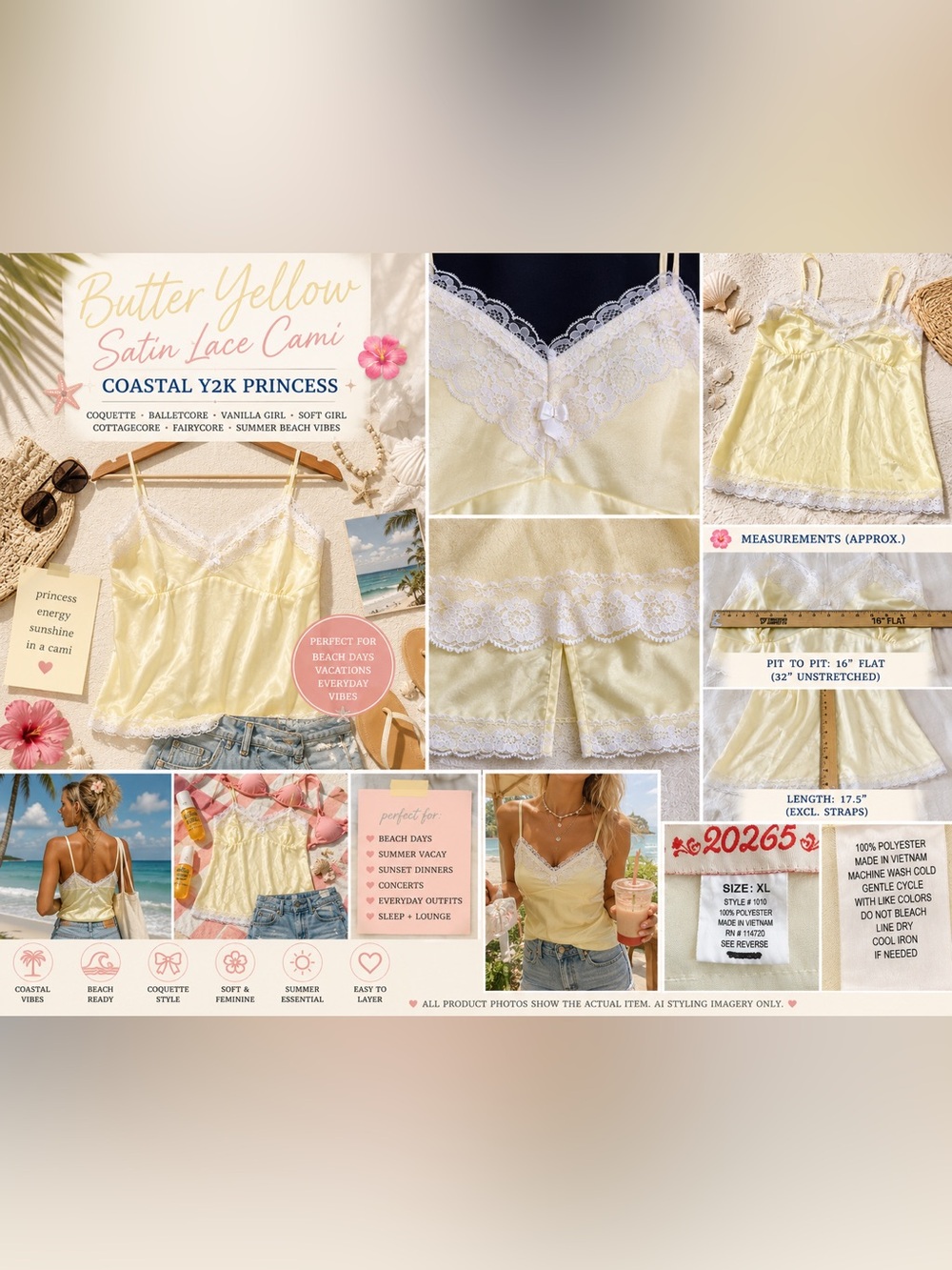 EUC Butter Yellow Satin Lace Cami XL Coastal Y2K Coquette Summer Beach Top Retro